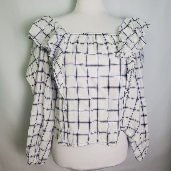J. Crew Plaid Ruffle Off-Shoulder Blouse - Medium - Picture 2 of 8